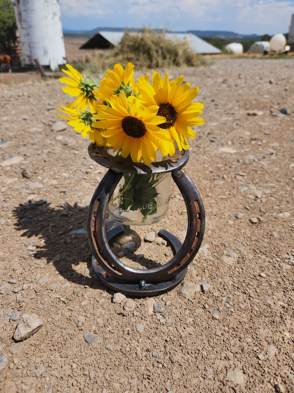 Rustic Horseshoe Mason Jar Vase - Yellow Sunflower Accent